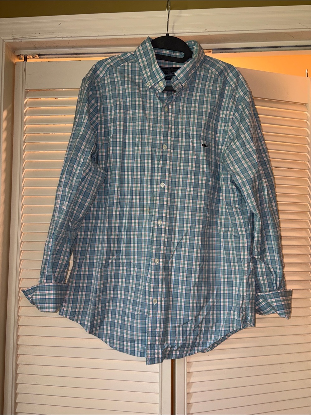 Vineyard Vines Teal and White Plaid Button-Down Shirt